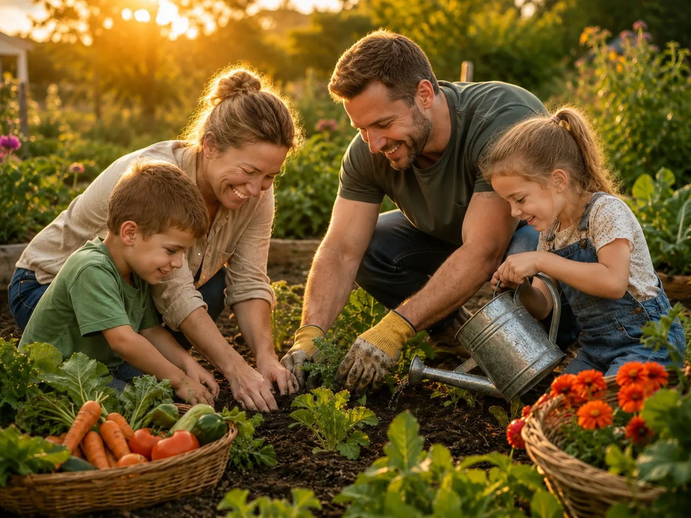 A family with two young children planting and watering vegetables together in a garden at golden hour
