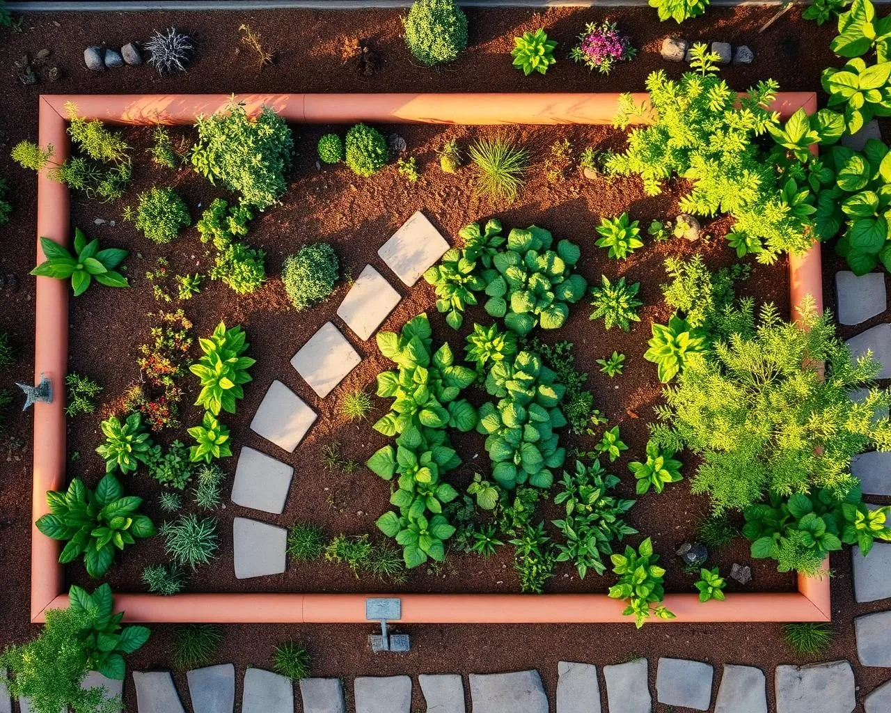 Aerial view of a carefully designed garden with structured planting zones