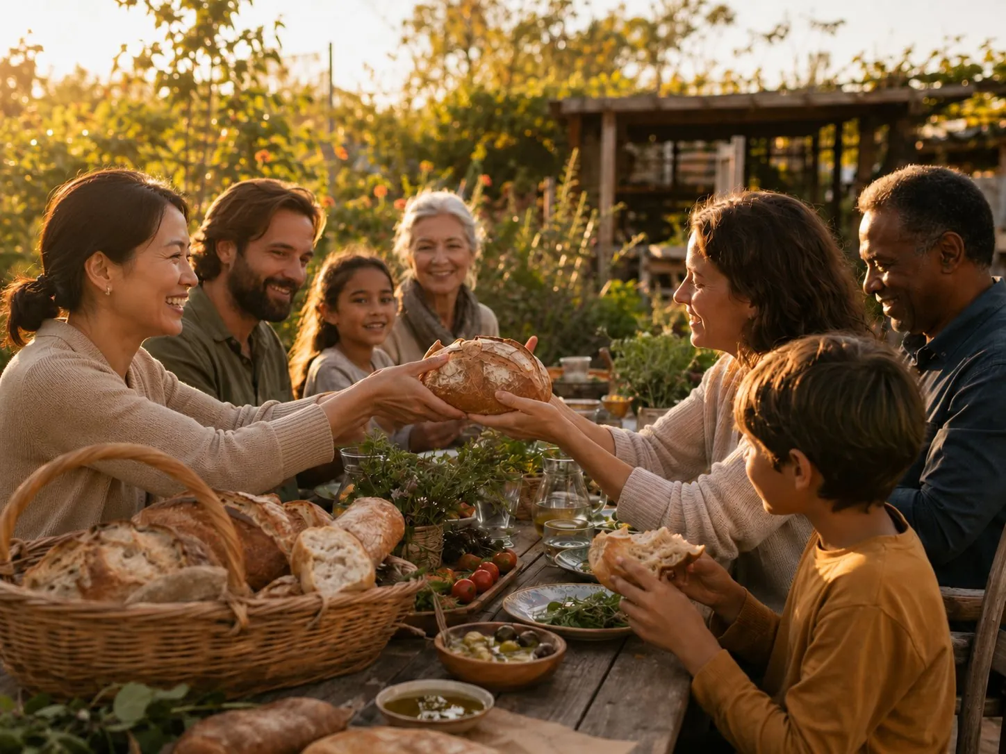 A multigenerational group sharing bread around a table of food in a garden
