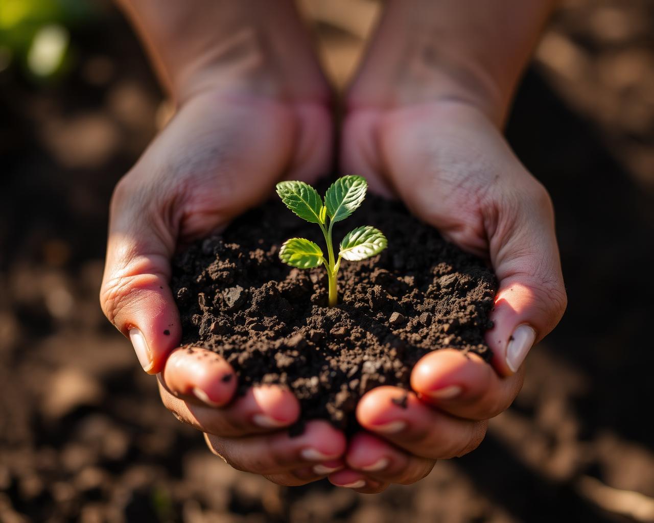 Two hands cradling dark, rich soil with a young seedling sprouting from the center