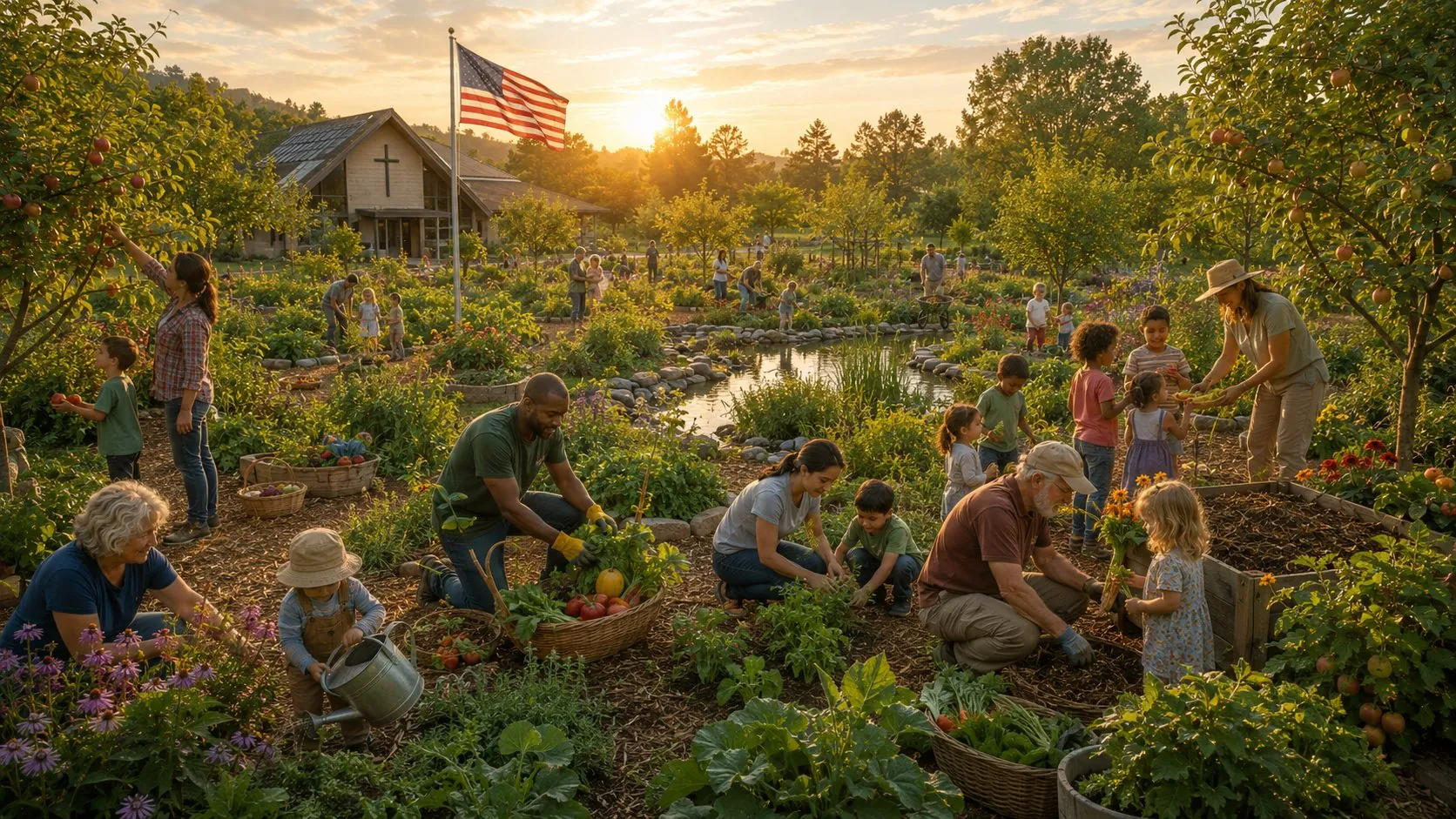 A multigenerational community gathering for a meal in a food forest at sunset