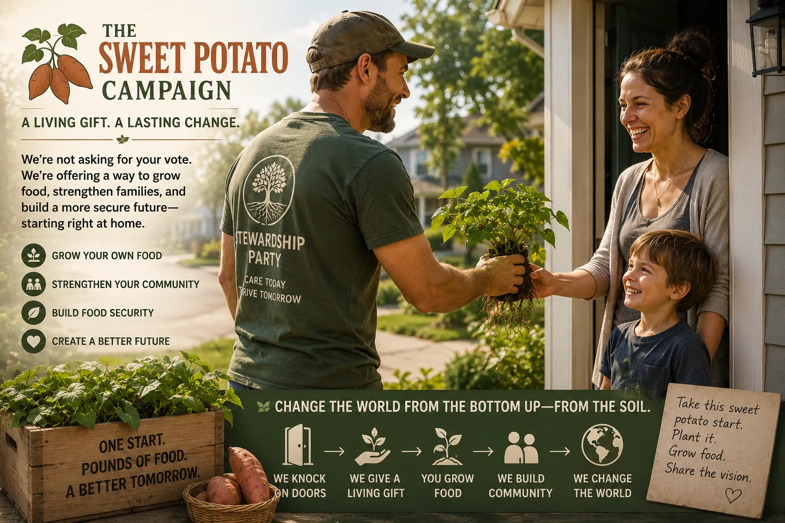 The Sweet Potato Campaign: a steward hands a potted sweet potato start to a smiling family at their front door — we knock on doors, we give a living gift, you grow food, we build community, we change the world