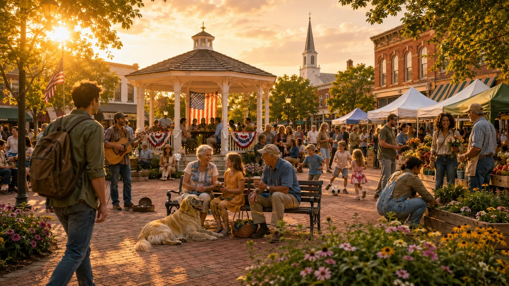 A lively town square at golden hour: a gazebo with musicians, a farmers' market under white tents, families and elders gathered on benches, a dog resting, flowers and an American flag